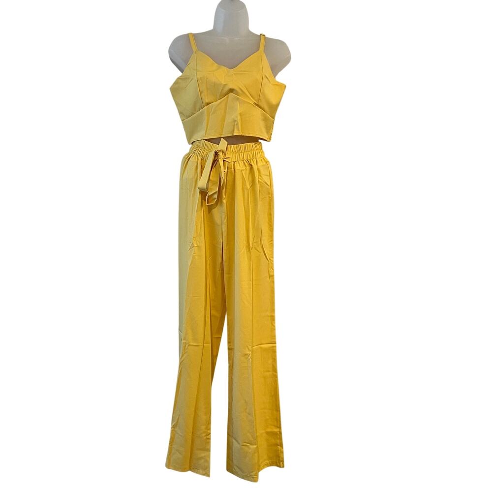 Women's Two-Piece Suit Backless Vest & Wide Leg Pants Mustard Yellow Sz Large